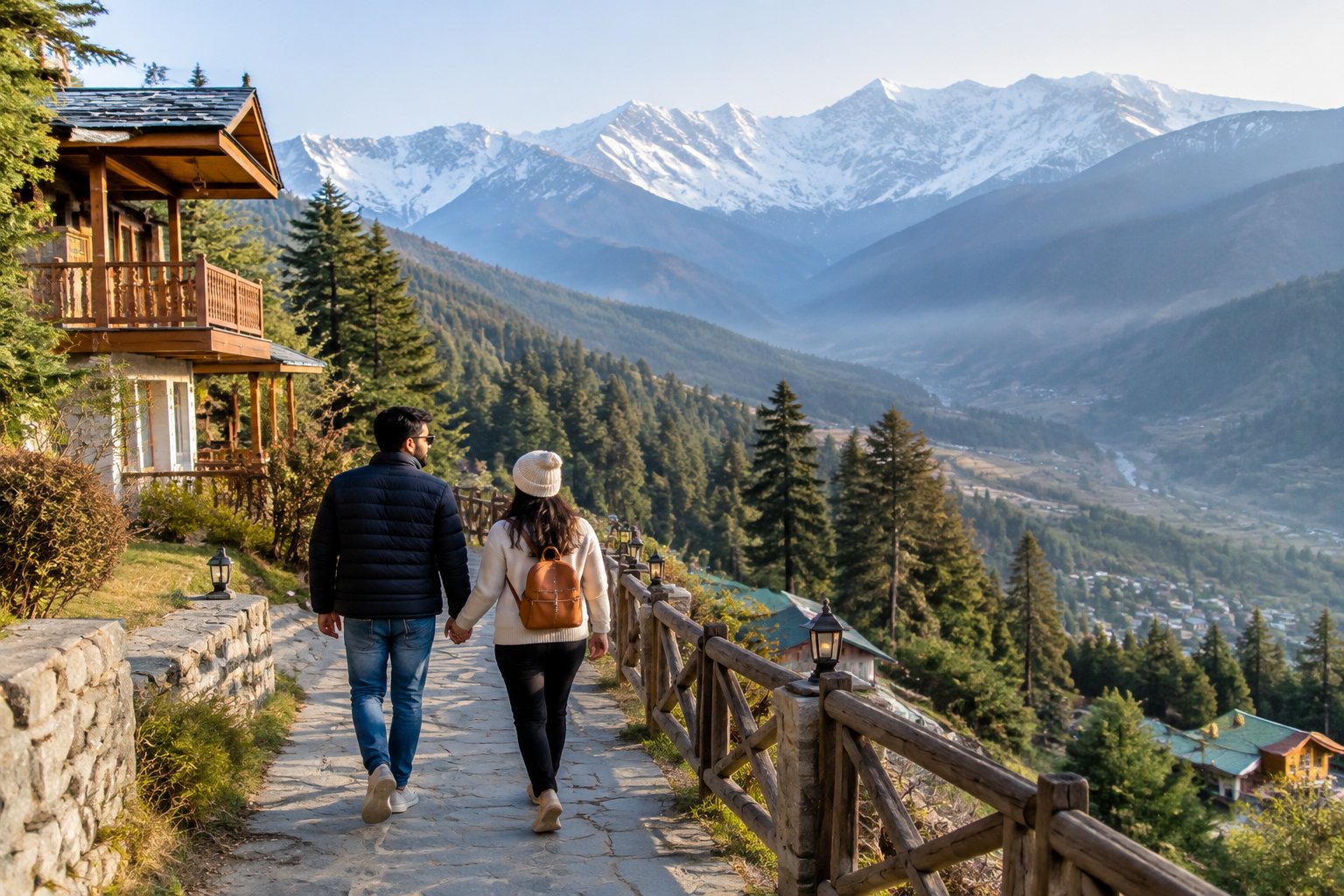A couple walks hand in hand along a mountain path overlooking a Himalayan valley.