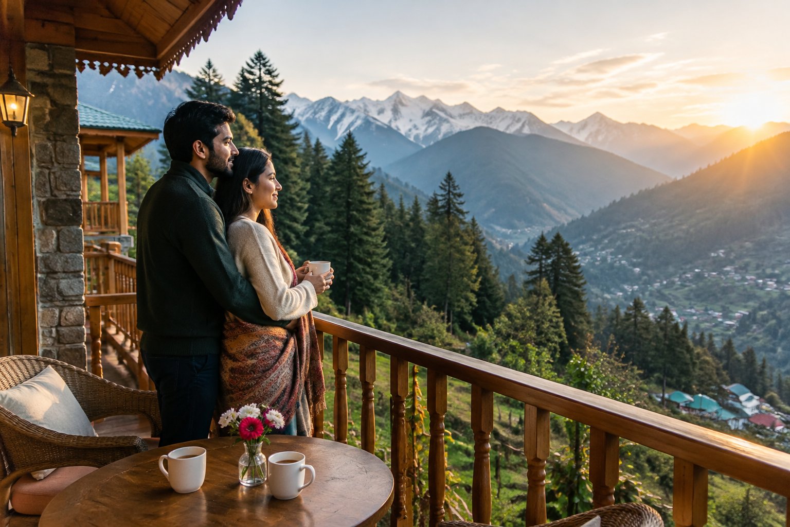 A couple shares a quiet moment on a balcony overlooking the Himalayan mountains.