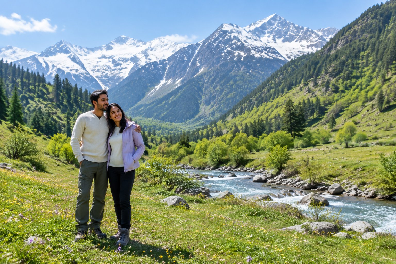 A couple stands together in a flower-dotted meadow beneath the snow-capped mountains of Himachal Pradesh.