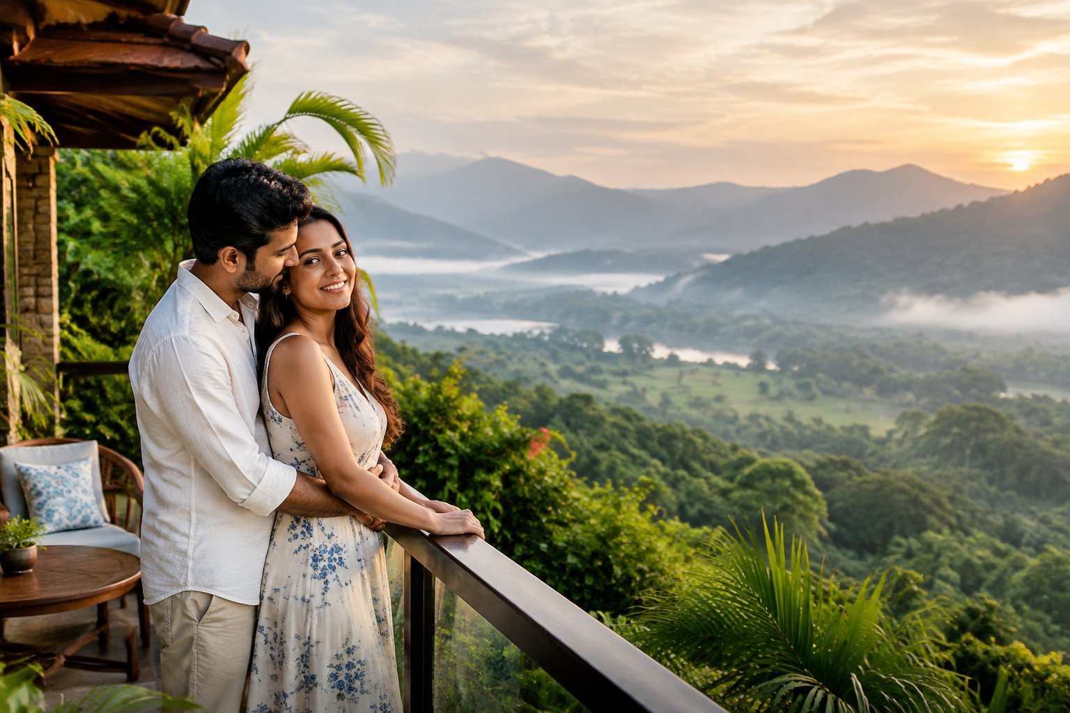 A couple stands together on a resort balcony overlooking green hills.