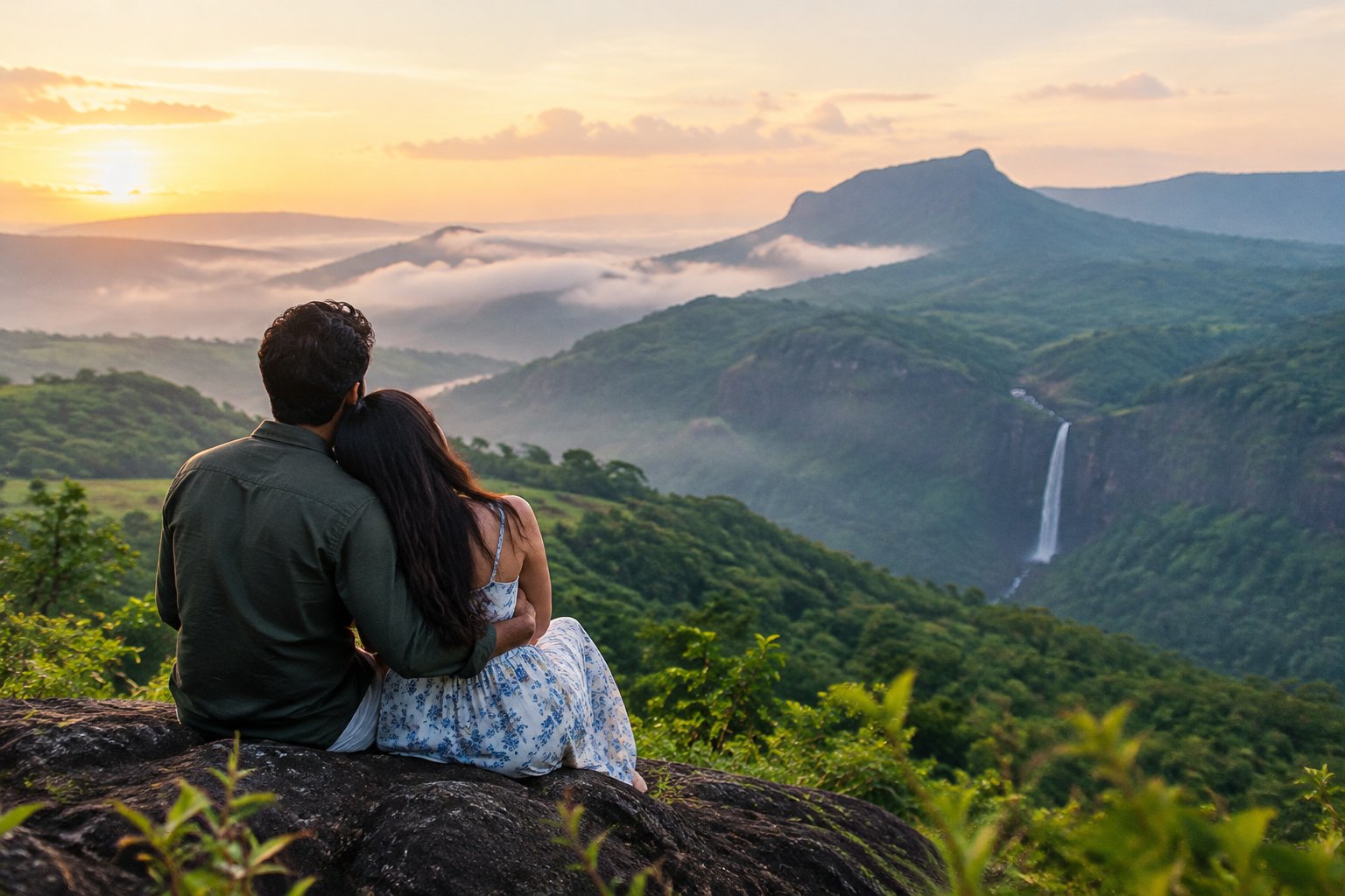 A couple stands together at a scenic mountain viewpoint surrounded by green hills.