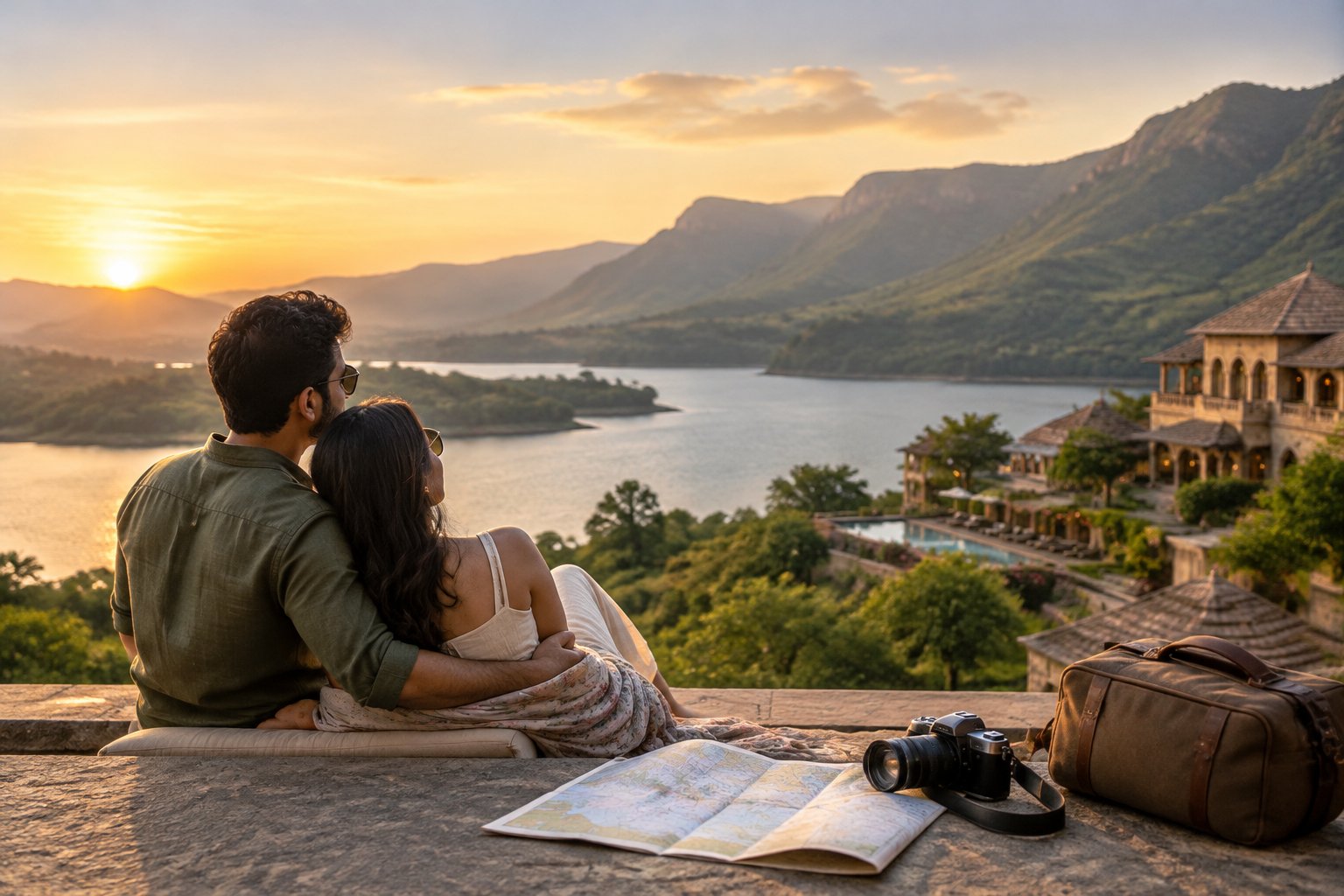 A couple enjoys a romantic view of a lake and green hills in Maharashtra.