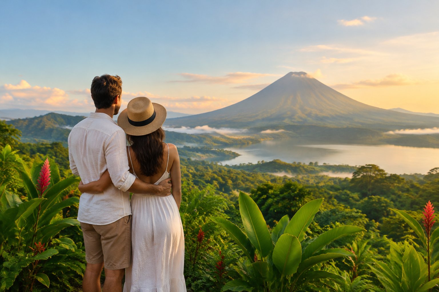 A couple looks toward a volcano from a lush tropical viewpoint.