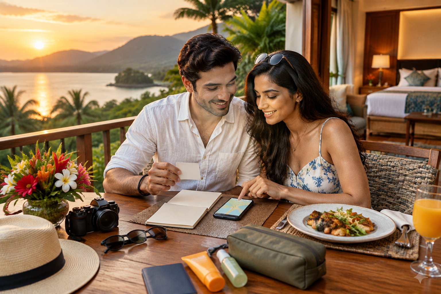 A newlywed couple reviews travel items at a resort balcony overlooking a lake and green hills.