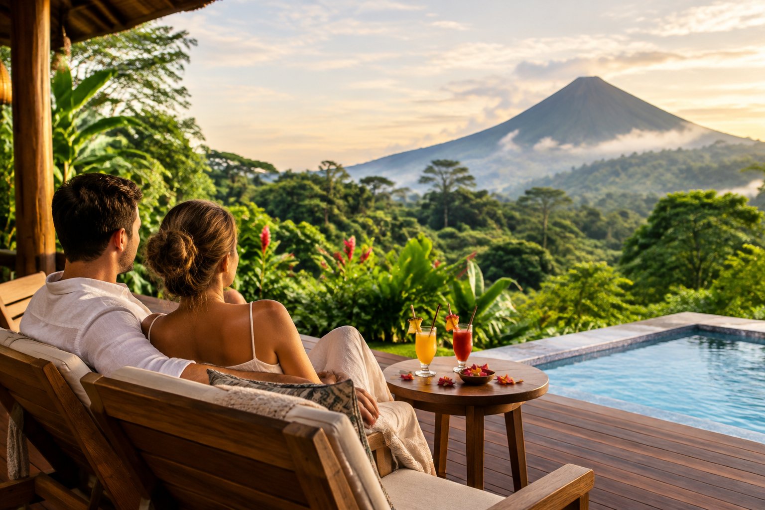 A couple relaxes at a tropical lodge overlooking a Costa Rican volcano.