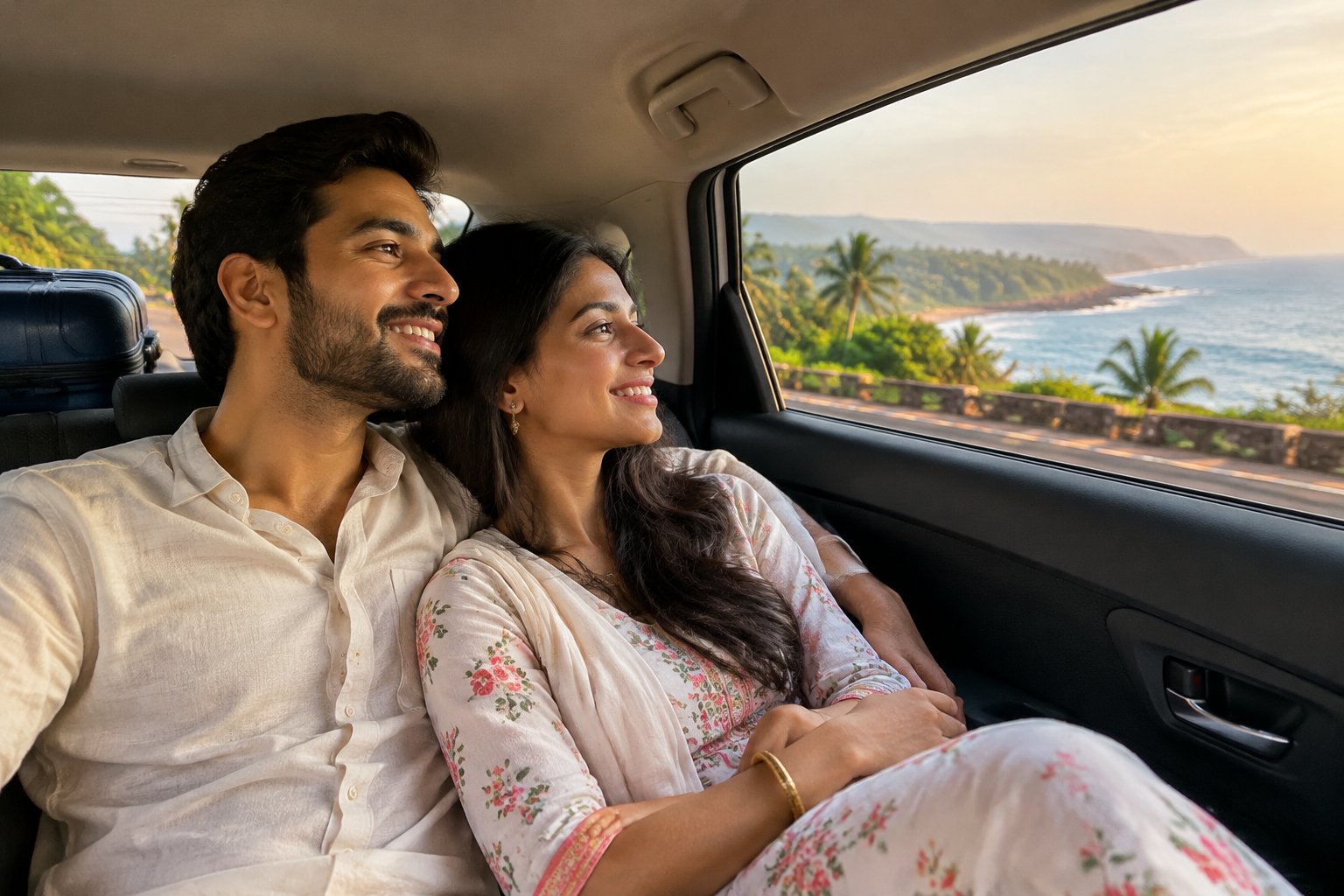 A newlywed couple rides together in a car along a scenic coastal road in Maharashtra.