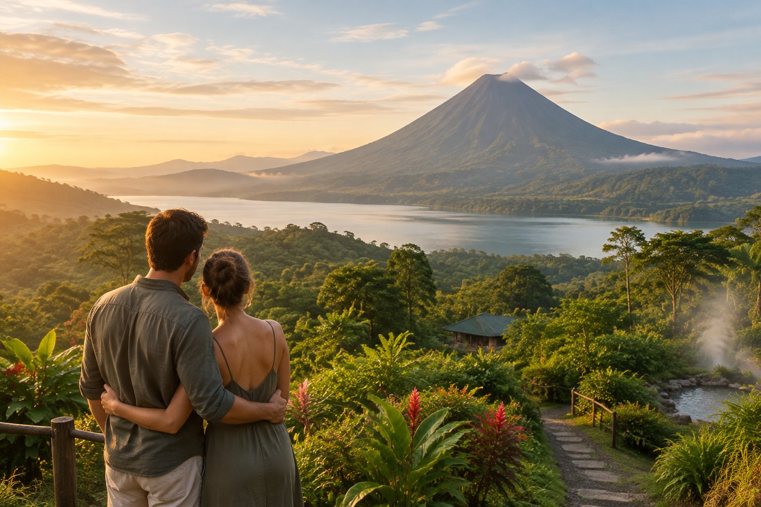 A couple overlooks Arenal Volcano and Lake Arenal amid lush Costa Rican rainforest.