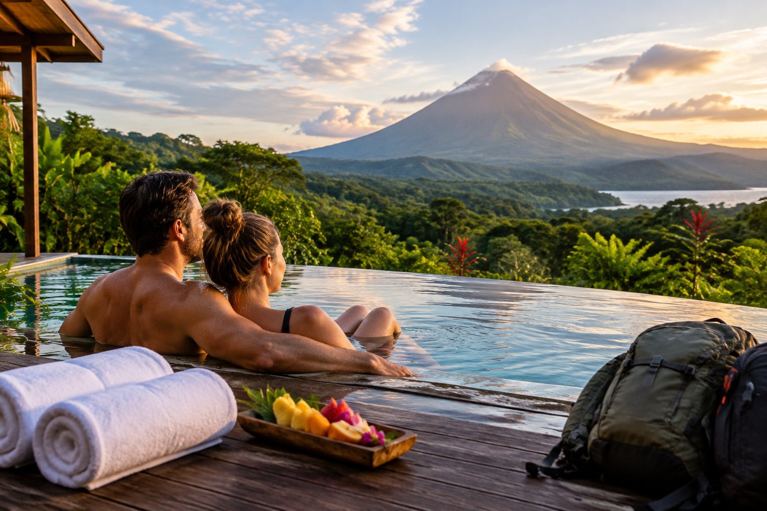 A newlywed couple relaxes at a tropical lodge overlooking a volcano.
