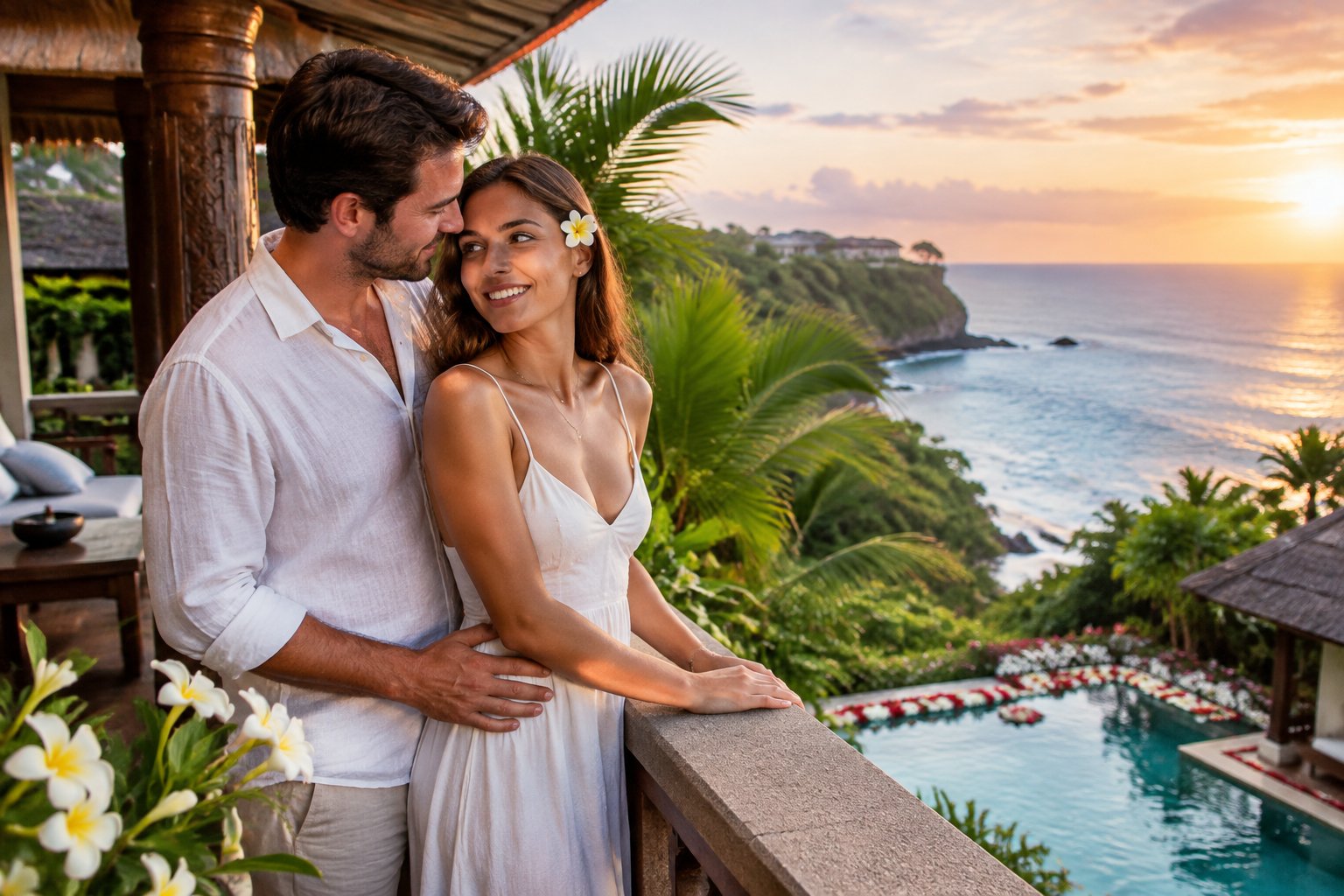 A newlywed couple shares a quiet moment on a tropical Bali resort terrace overlooking the ocean.