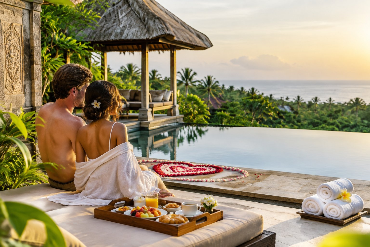A couple relaxes beside a pool at a tropical resort.