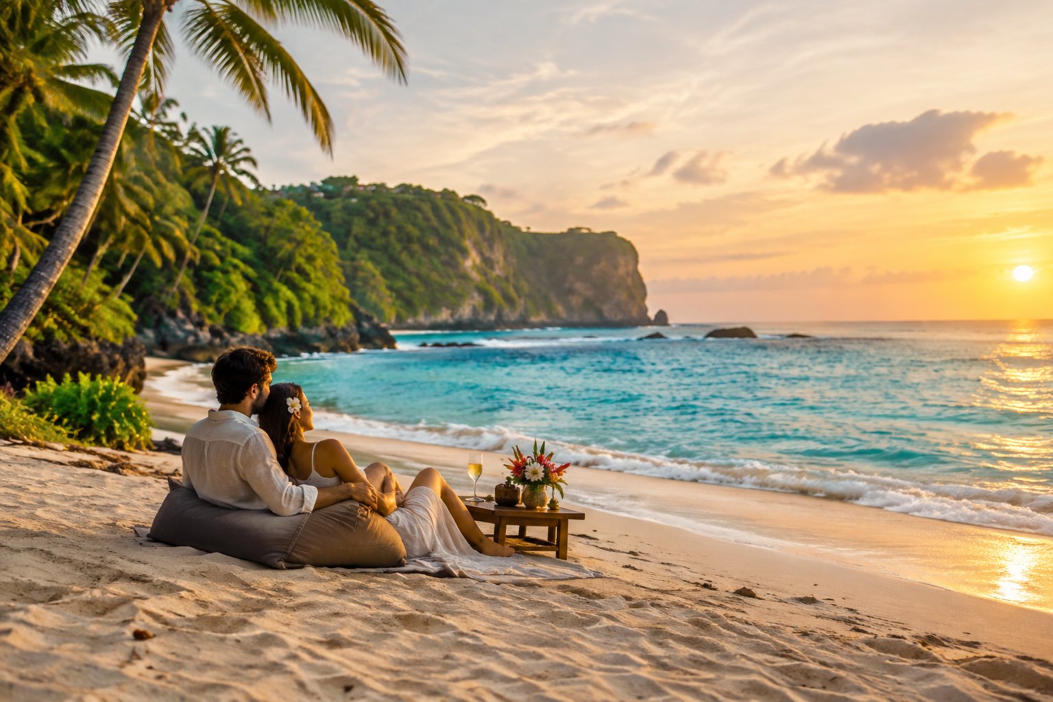 A couple relaxes together on a tropical beach in Bali at sunset.