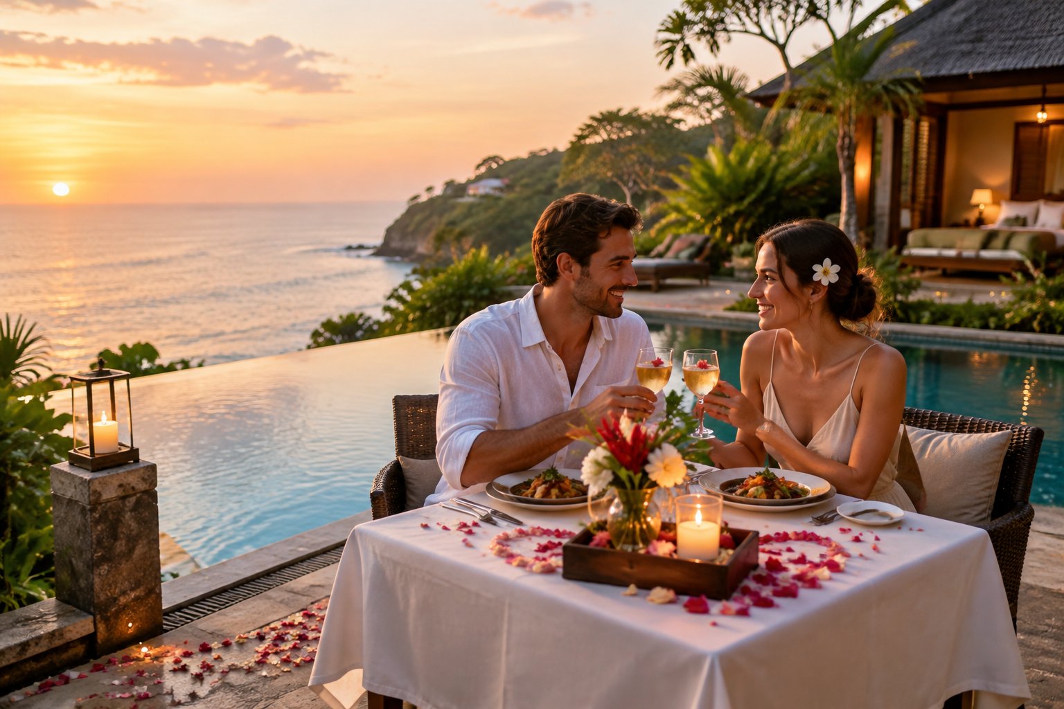 A newlywed couple shares a candlelit dinner beside a tropical resort pool overlooking the ocean.