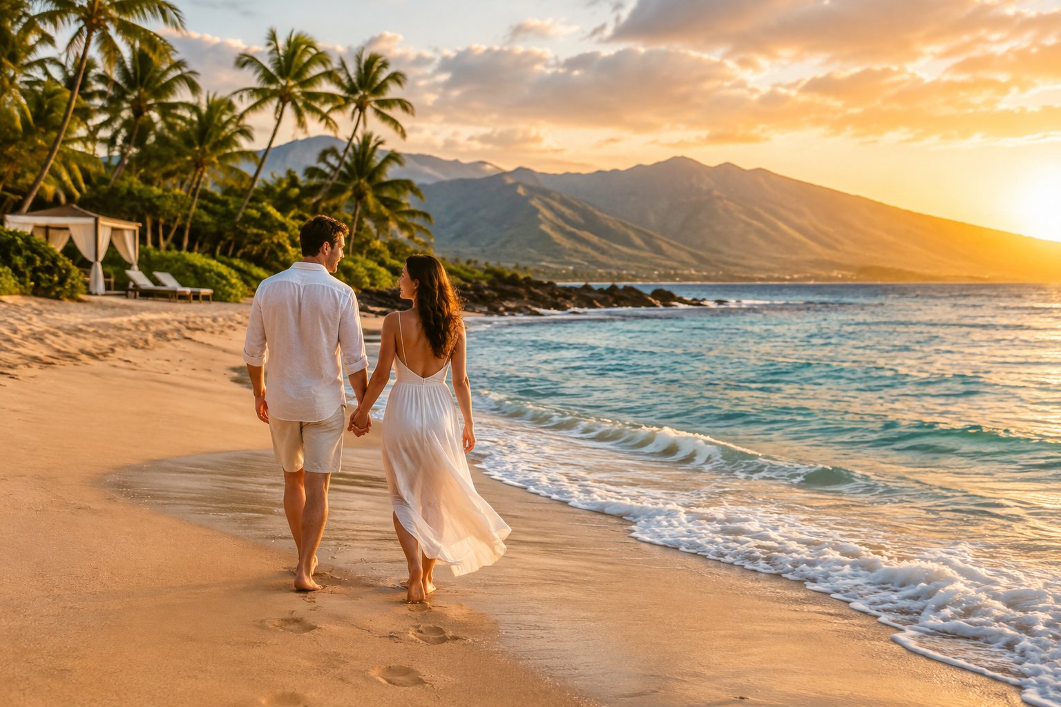 A newlywed couple walks hand in hand along a tropical Maui beach.