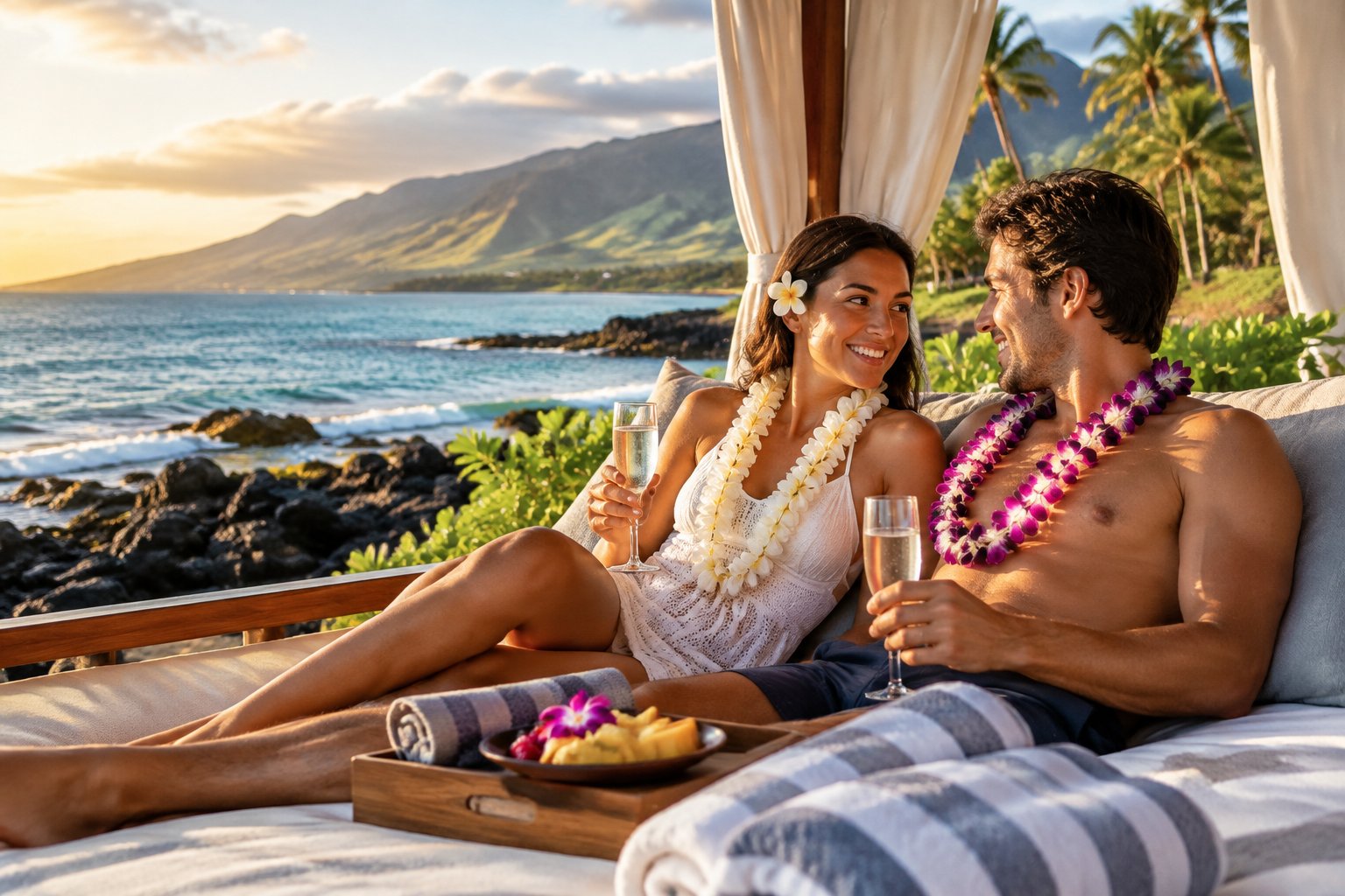A newlywed couple relaxes beneath a beachfront cabana overlooking the ocean.