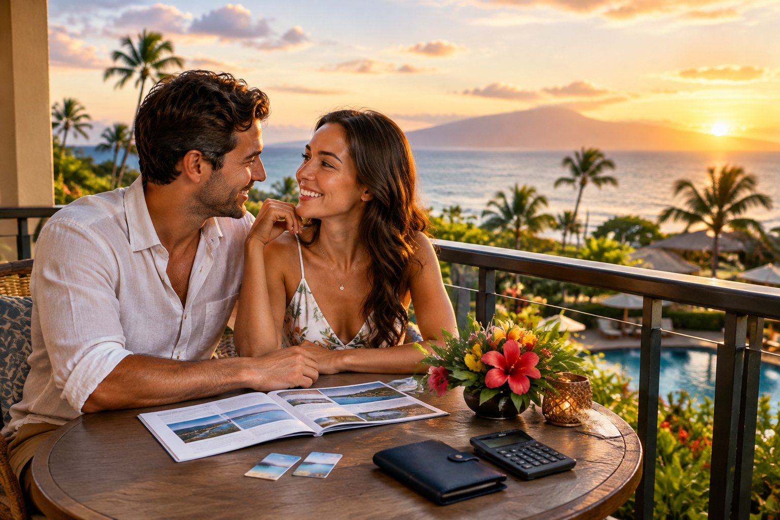 A newlywed couple sits on a resort lanai overlooking the Maui coastline.