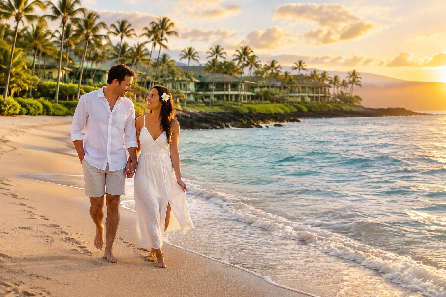 A couple walks together along a Maui resort beach.