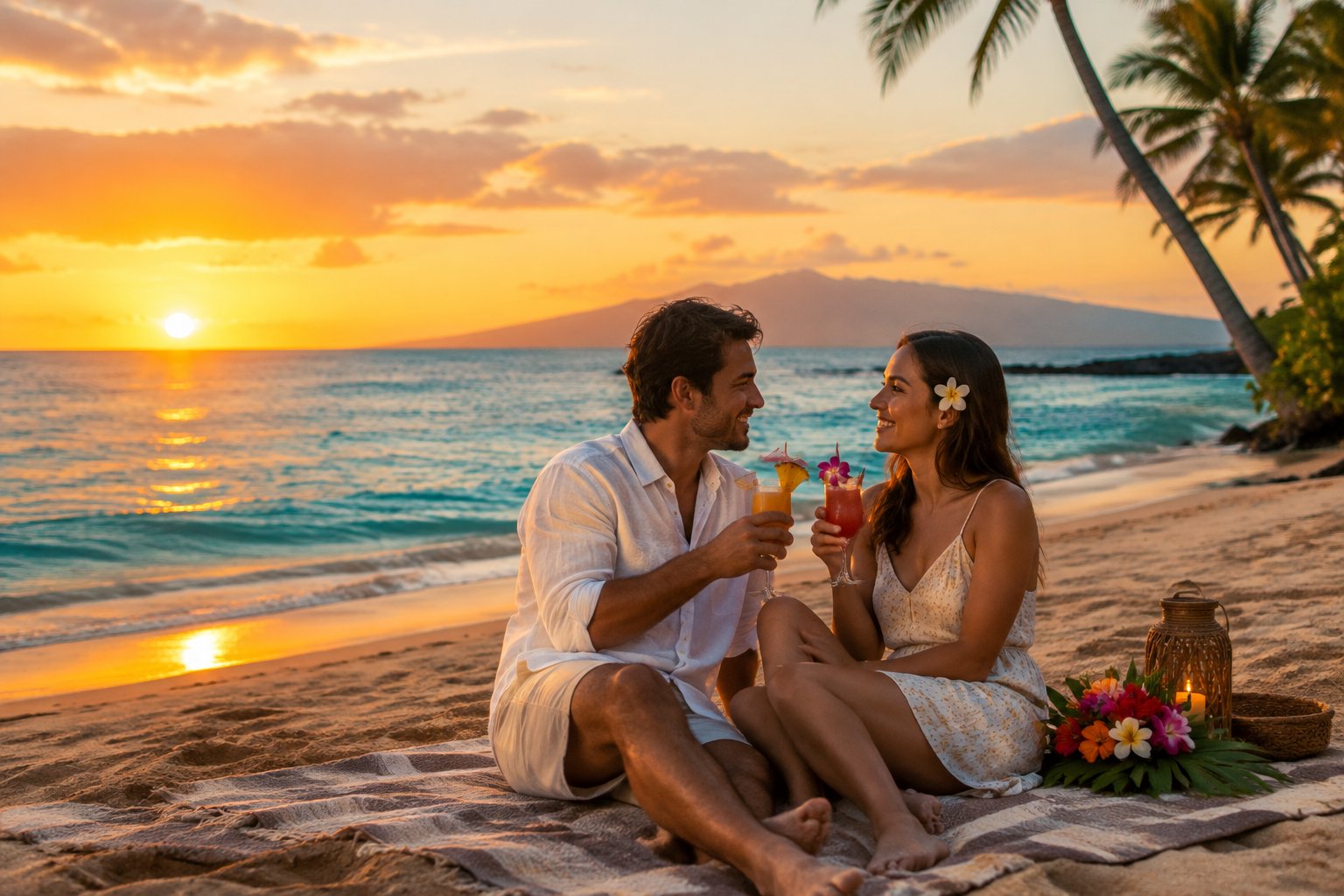 A couple shares a toast on a Maui beach at sunset.