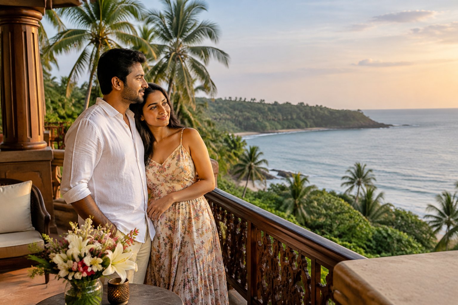 A couple stands together on a terrace overlooking a tropical beach.