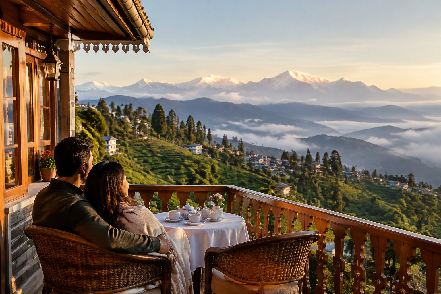 A couple shares a quiet moment on a terrace overlooking Darjeeling’s tea gardens and distant mountains.