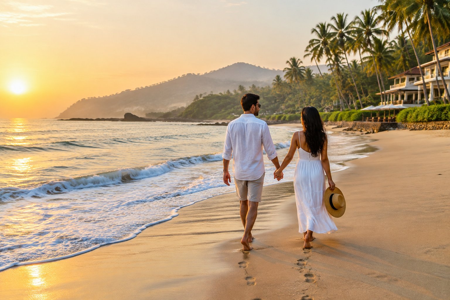 A newlywed couple walks hand in hand along a palm-lined beach.