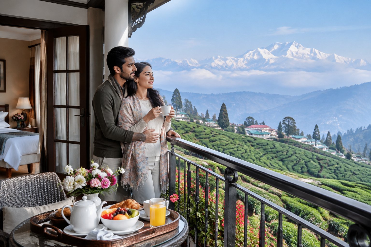 A newlywed couple admires the Himalayan view from a Darjeeling resort balcony.