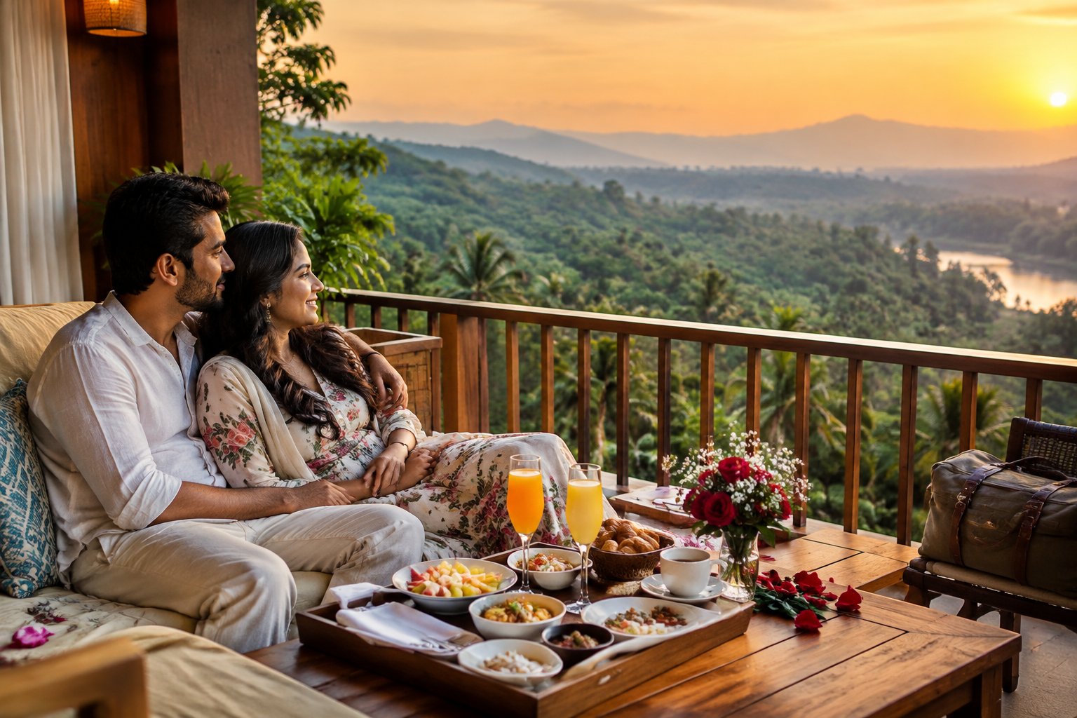 A newlywed couple enjoys breakfast on a resort balcony overlooking green hills.