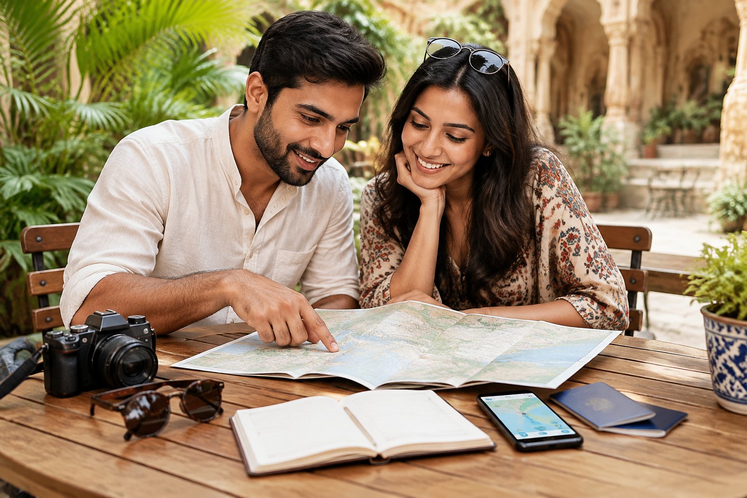 A couple reviews a map and travel plans together at an outdoor café in India.