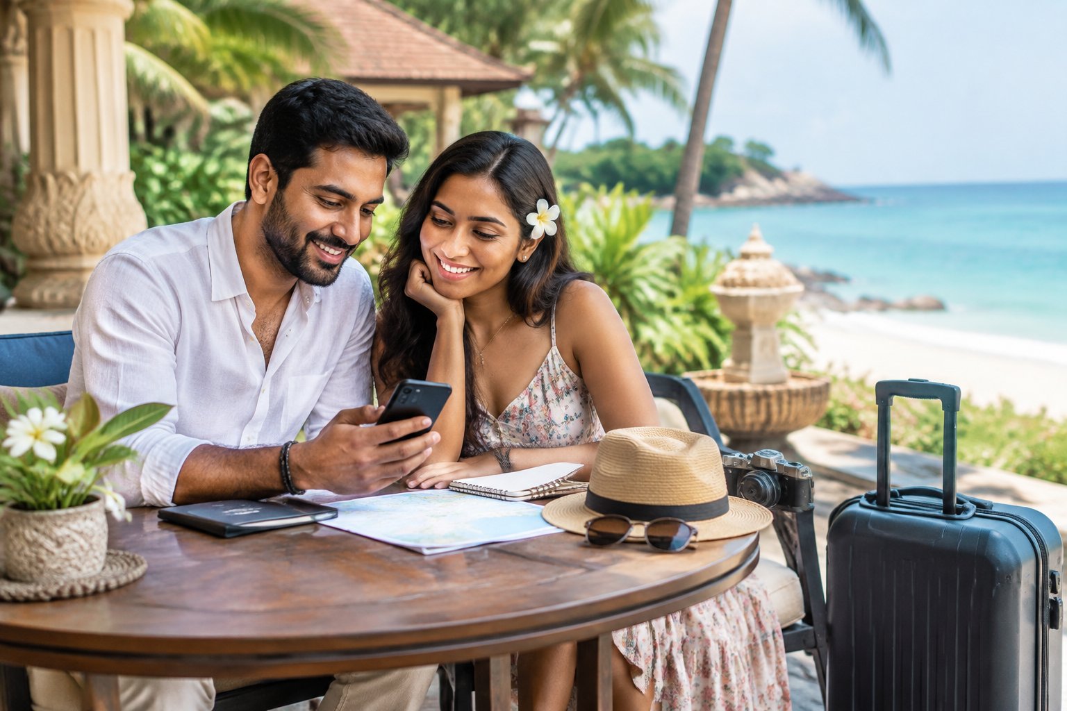 A newlywed couple reviews their travel plans at a beachside resort in India.