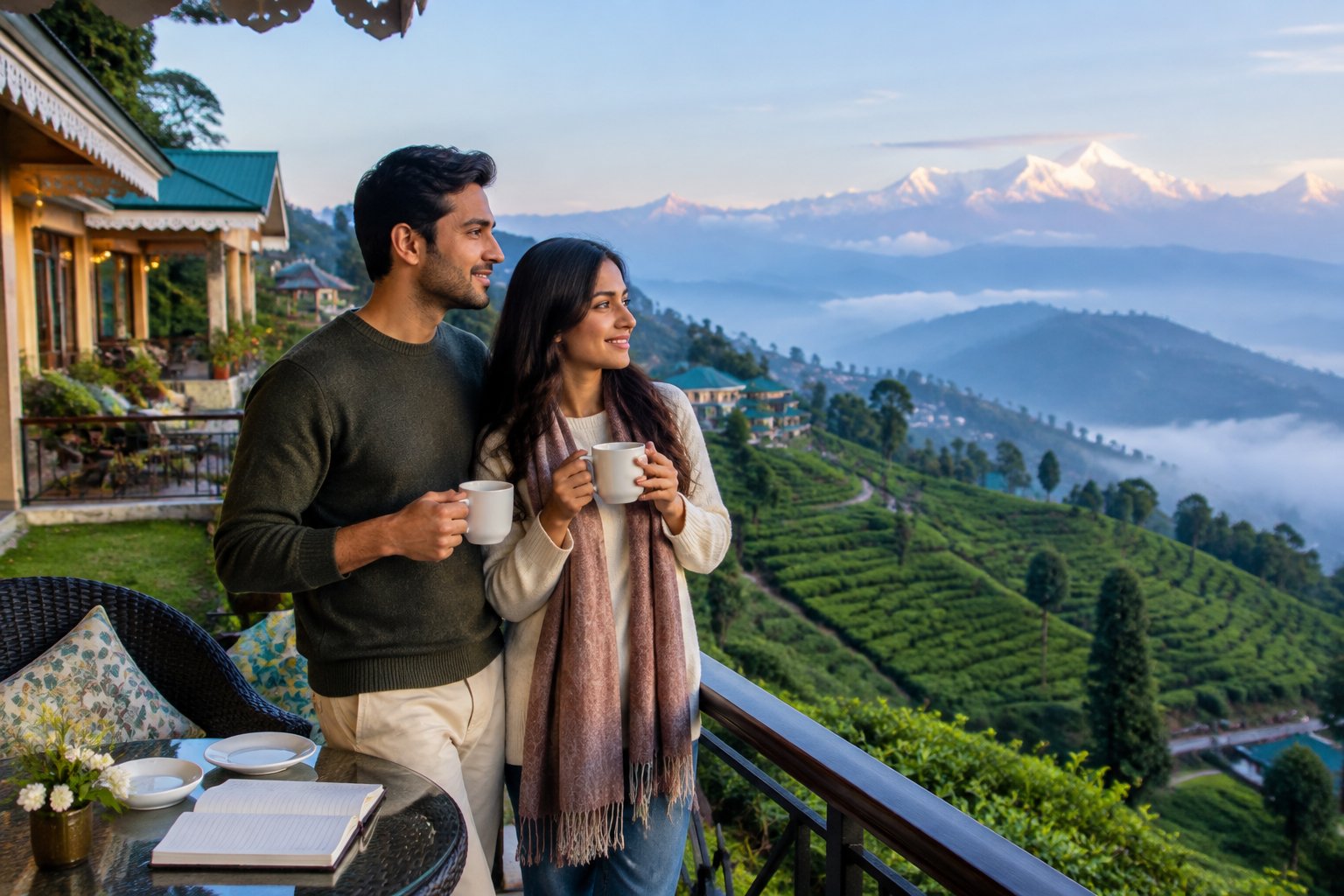 A newlywed couple enjoys tea on a balcony overlooking Darjeeling’s tea gardens and misty mountains.