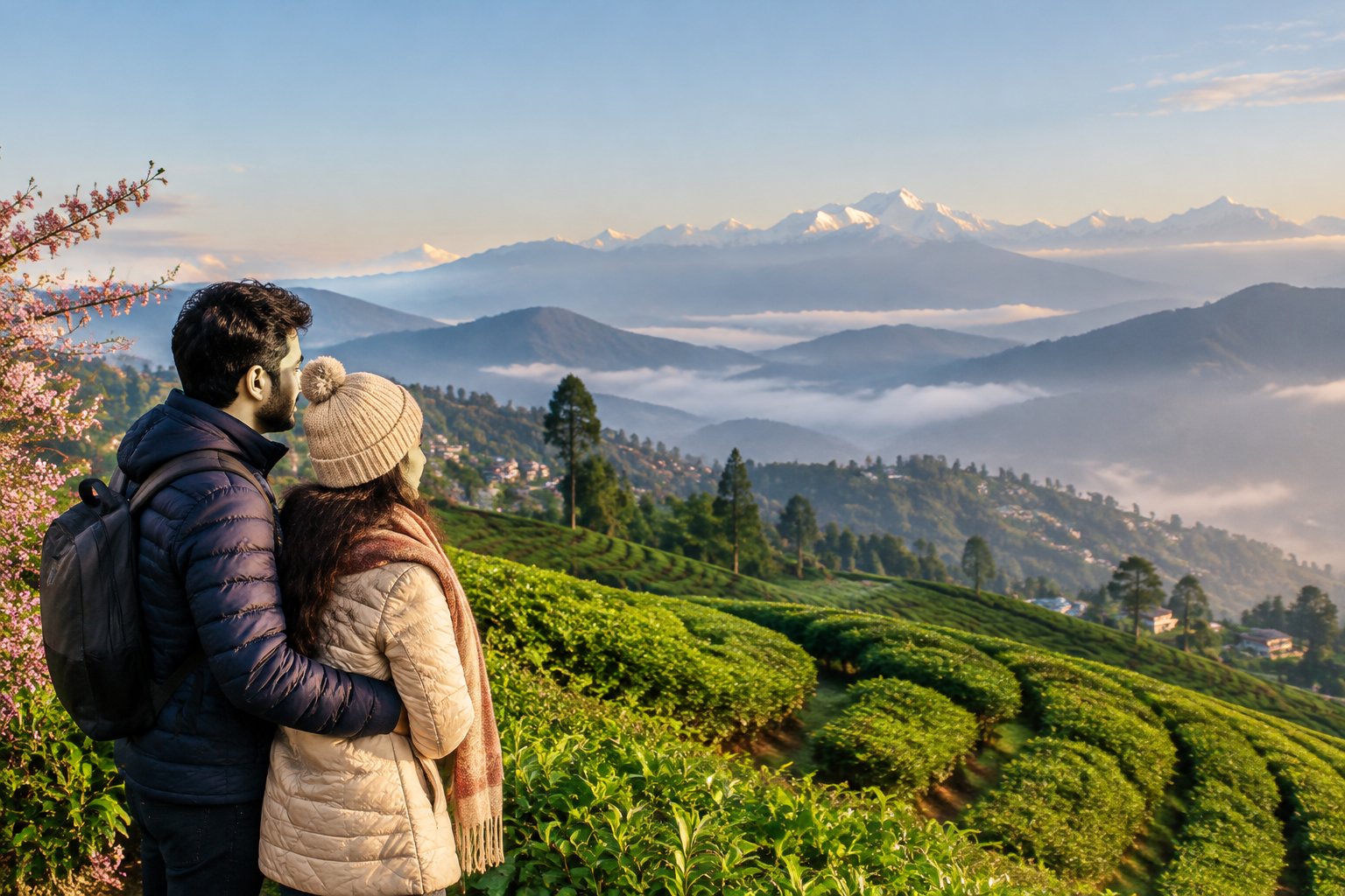 A couple admires the Himalayan peaks above Darjeeling’s green tea gardens.