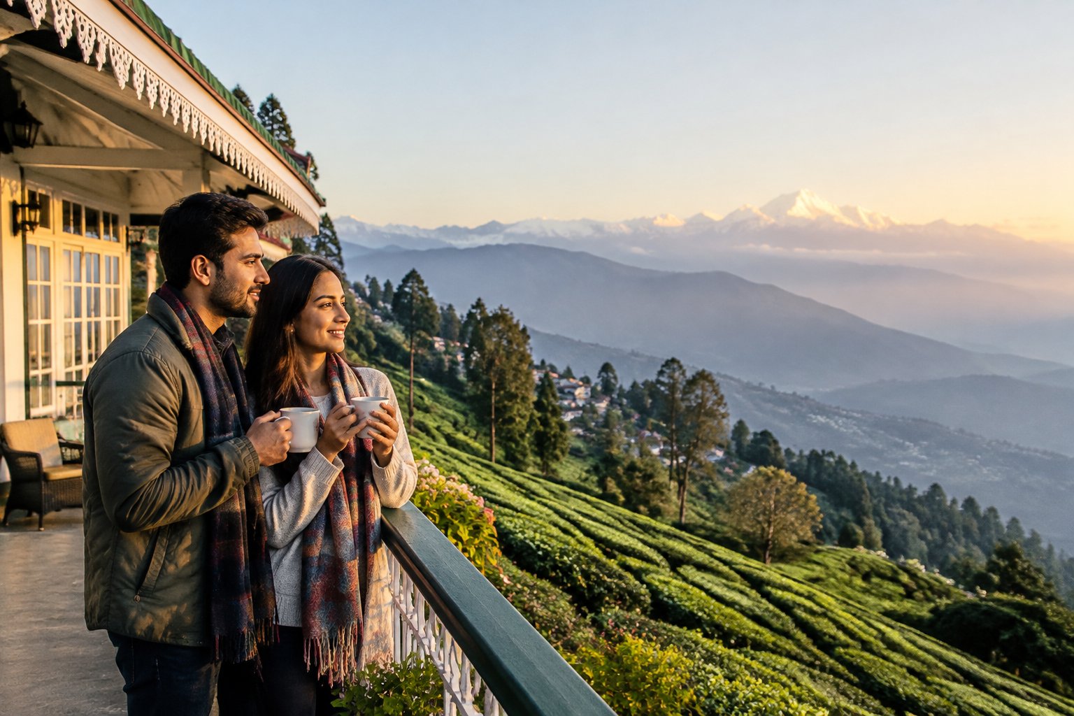 A newlywed couple shares a warm drink on a hillside terrace overlooking the Himalayas near Darjeeling.