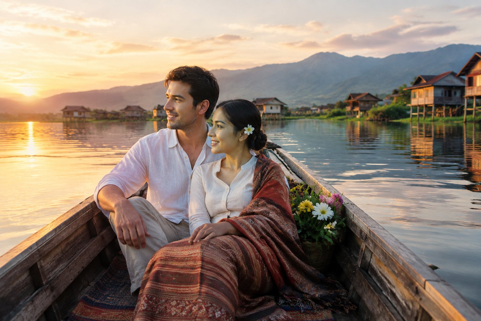 A newlywed couple sits together in a wooden boat on a calm lake surrounded by green hills.