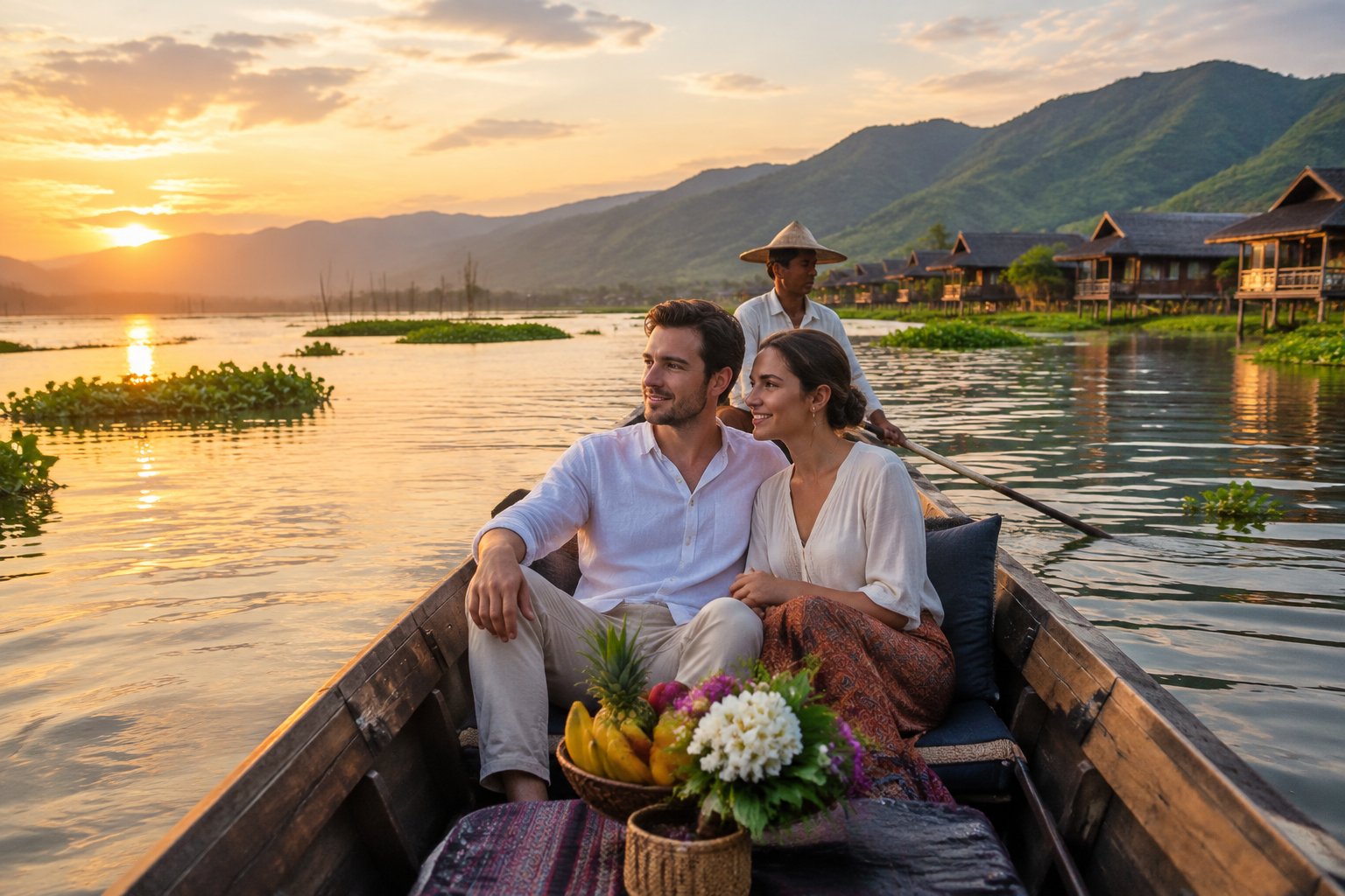 A newly married couple takes a boat ride across Inle Lake at sunset.