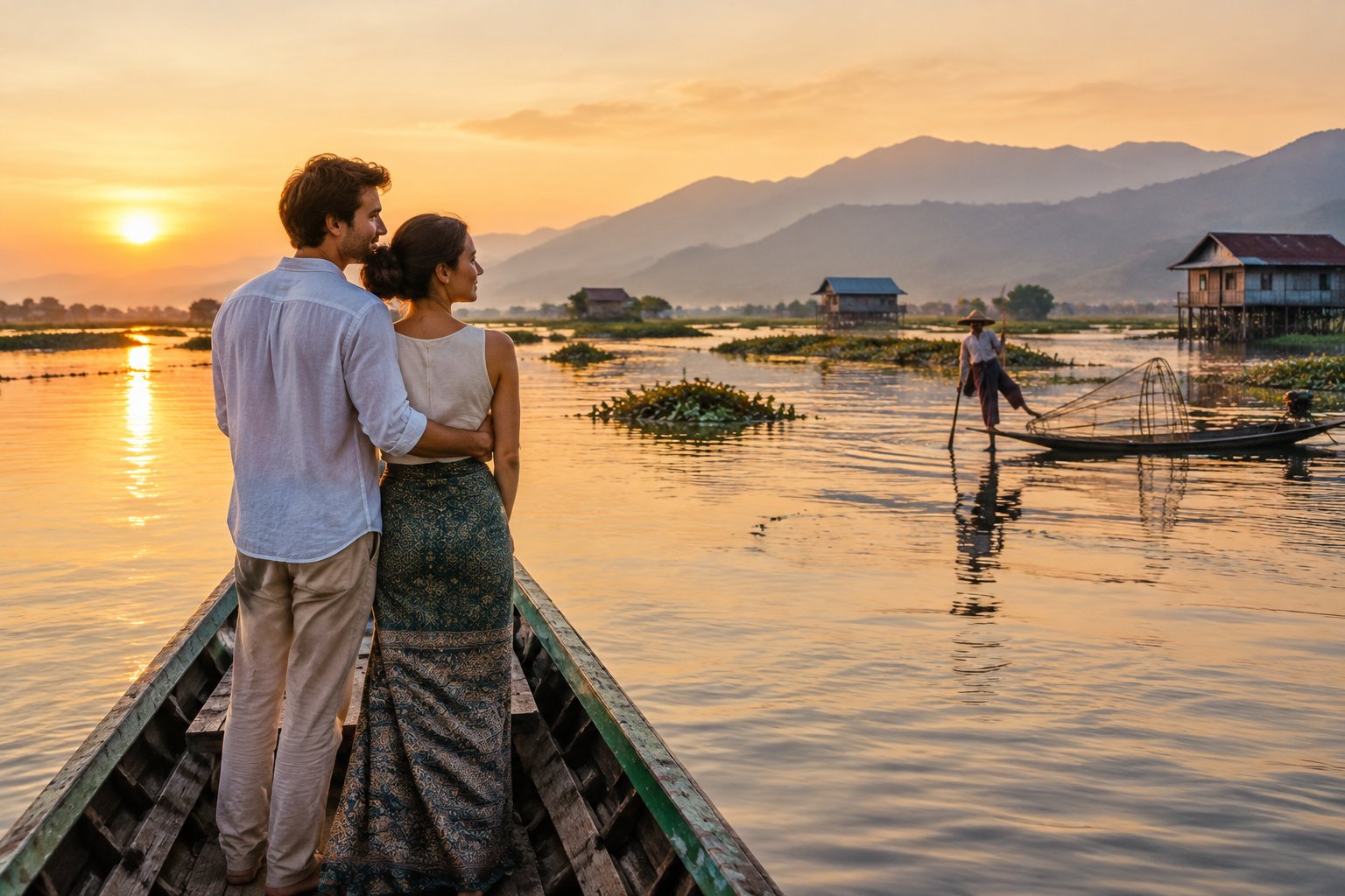 A newlywed couple shares a quiet moment on a boat on Inle Lake, with hills and stilt houses in the distance.