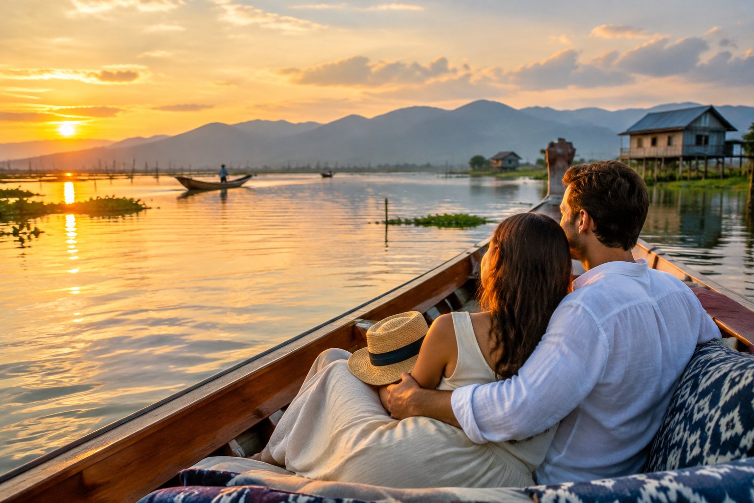 A newlywed couple shares a quiet moment on a boat overlooking Inle Lake.