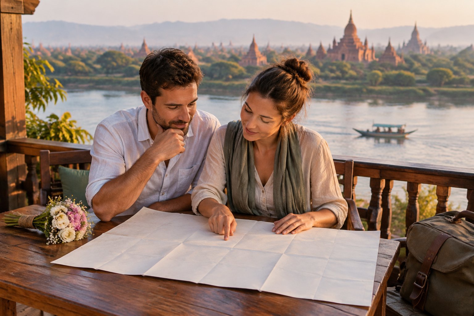 A newlywed couple studies a map at a riverside terrace overlooking Bagan.