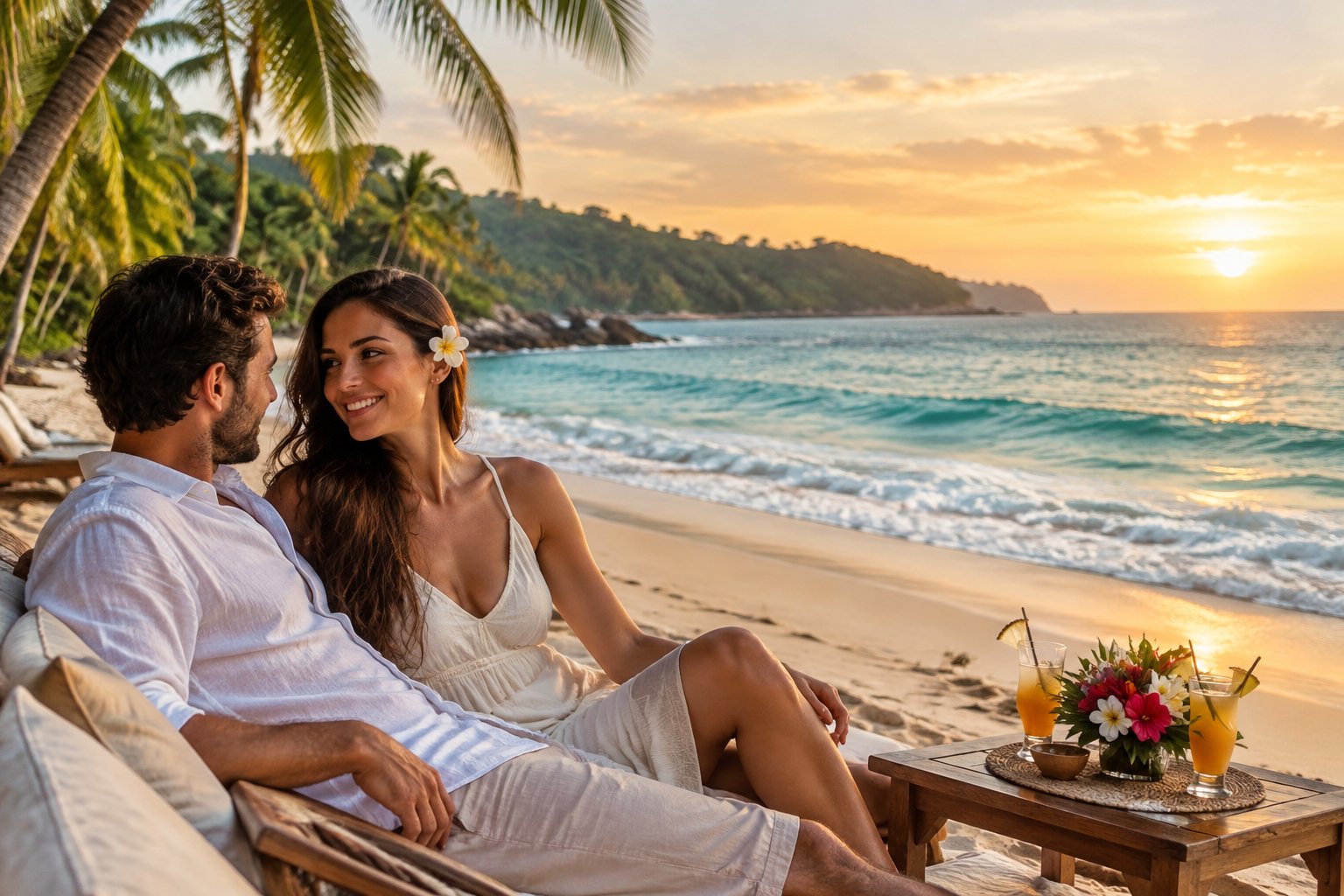 A couple shares a quiet moment on a tropical beach in Sri Lanka.