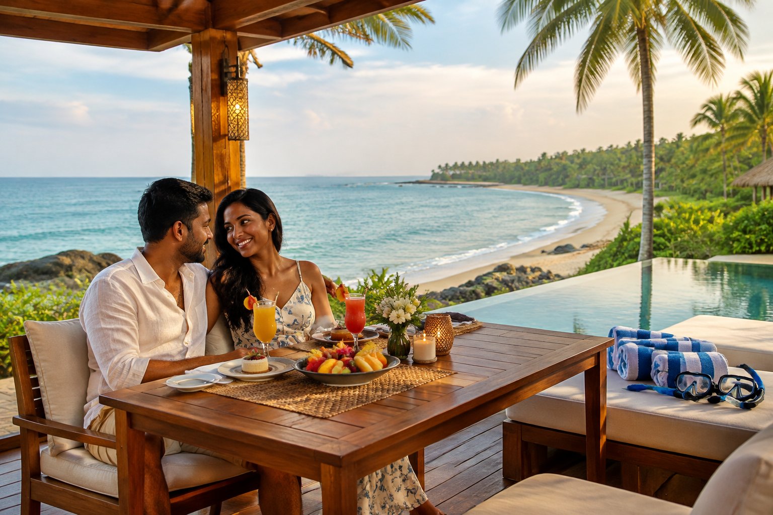 A couple shares a romantic meal at a tropical beachfront resort in Sri Lanka.