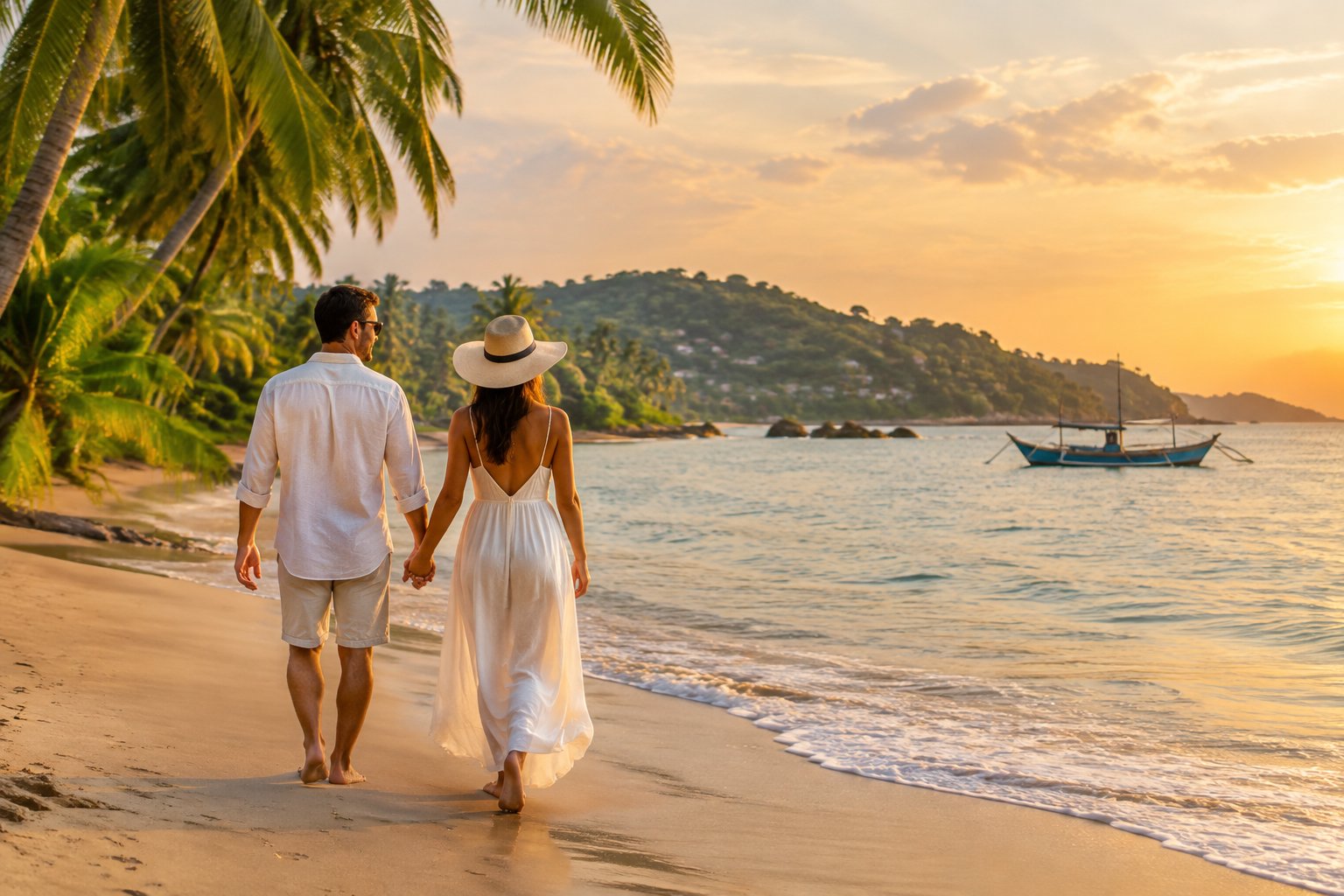 A couple walks hand in hand along a tropical beach in Sri Lanka.
