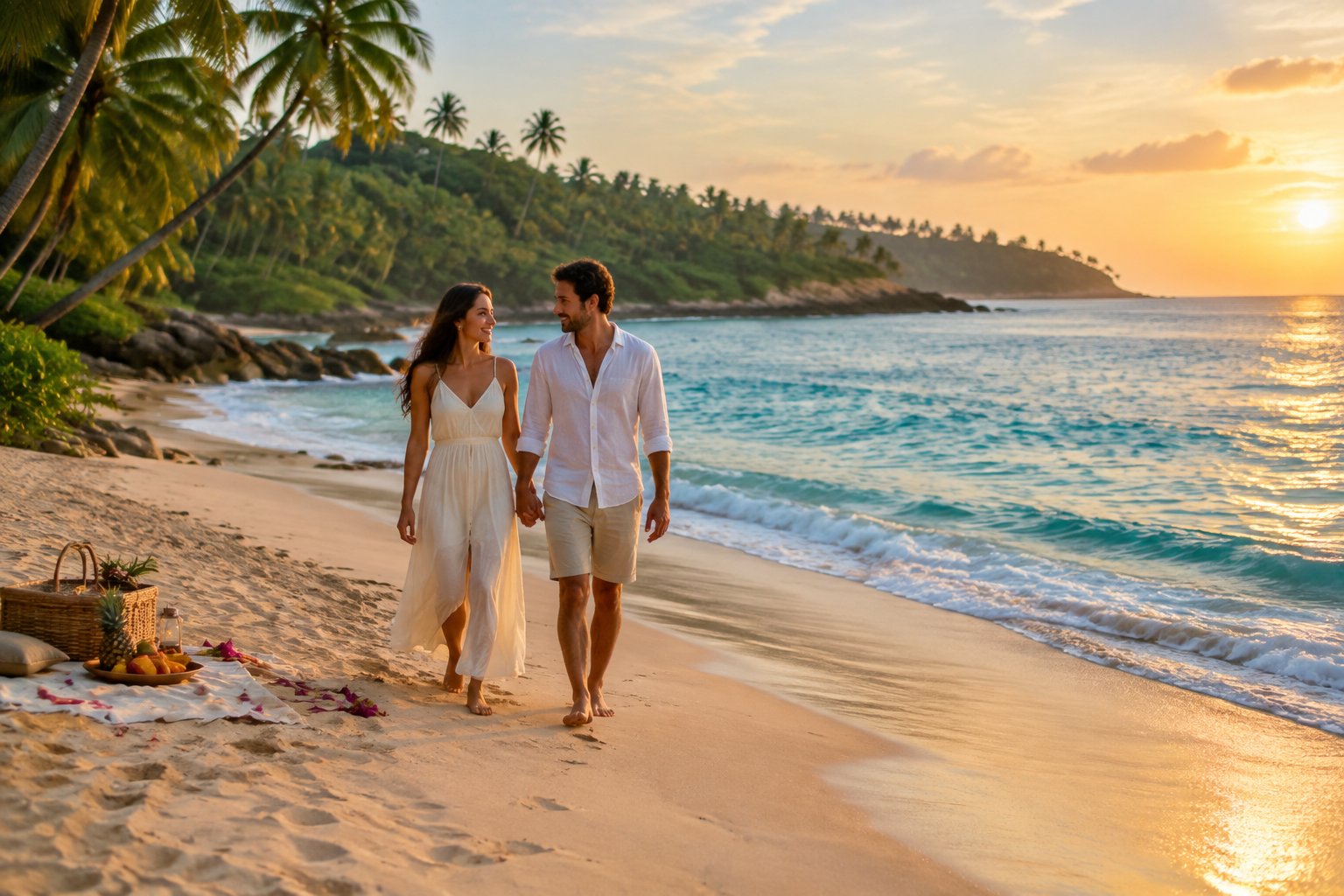 A couple walks hand in hand along a tropical beach in Sri Lanka.
