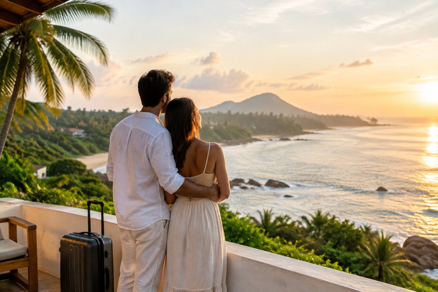 A newlywed couple with a suitcase looks out over a tropical Sri Lankan coastline.