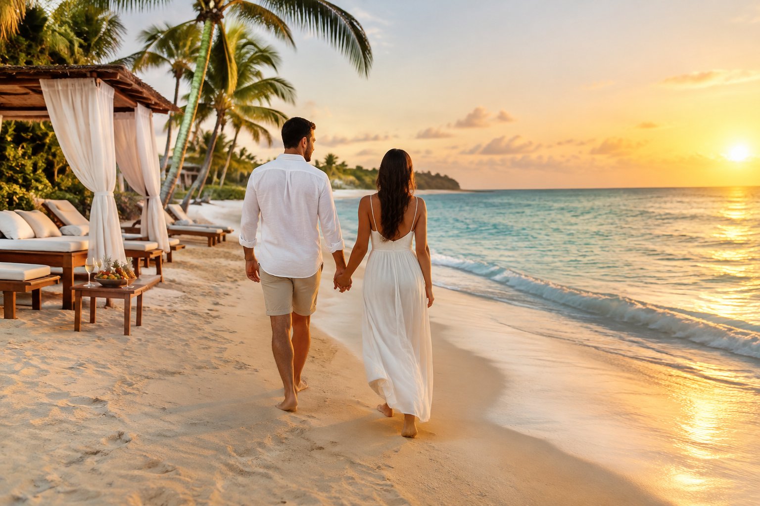 A couple walks hand in hand along a tropical beach beside a resort.