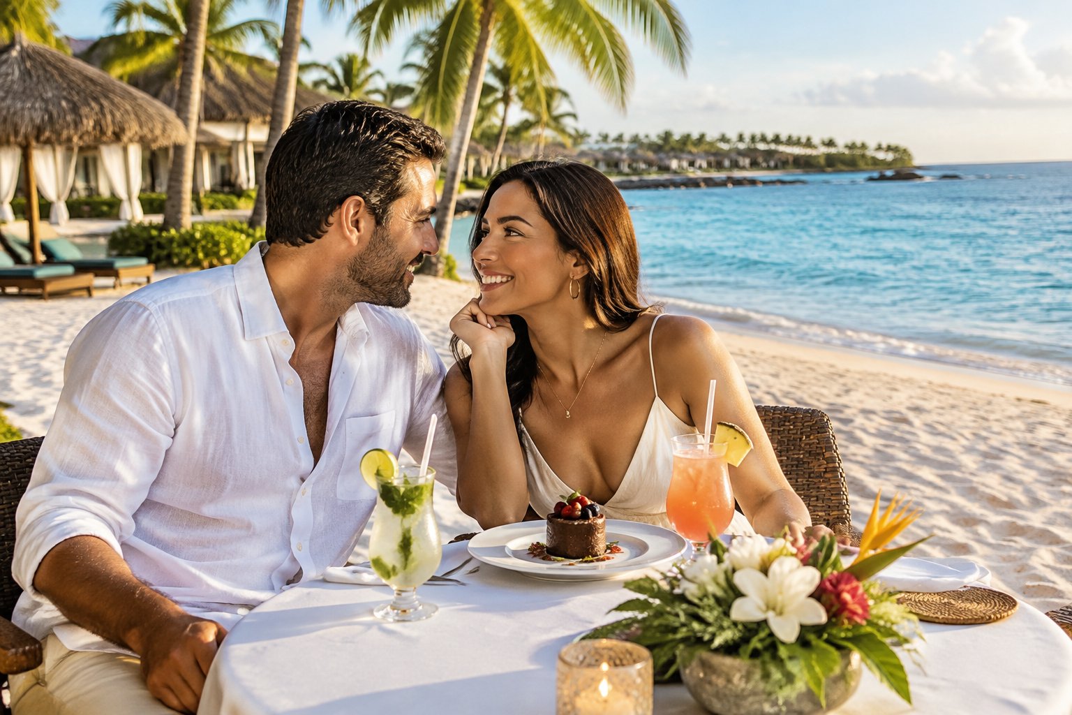 A newlywed couple shares a meal at a table on a tropical beach.