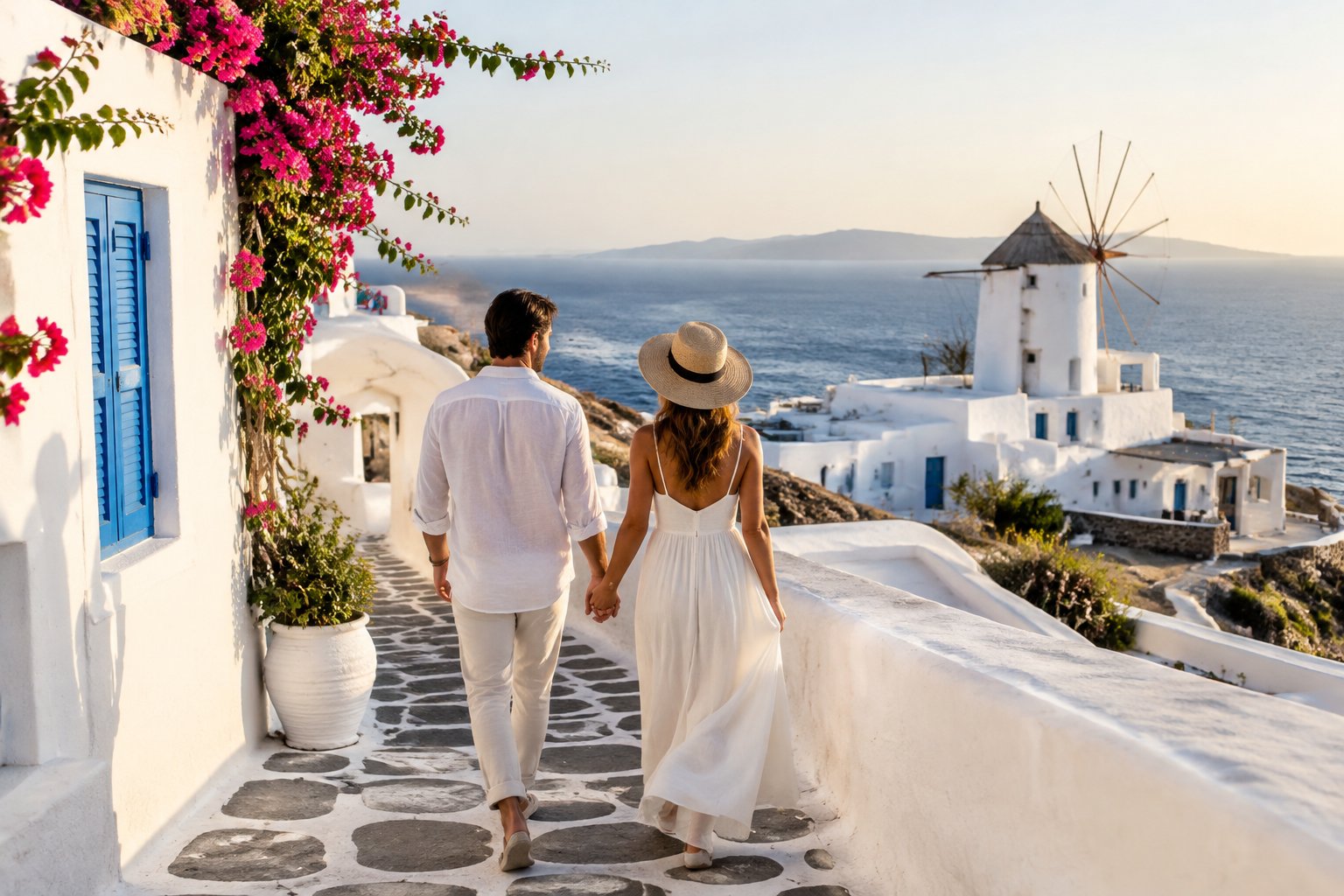 A couple walks hand in hand along a whitewashed Mykonos lane overlooking the sea.