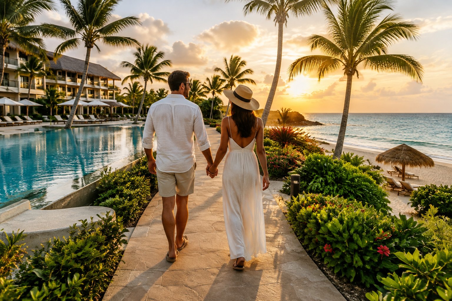 A couple walks hand in hand along a tropical resort path beside a beach.