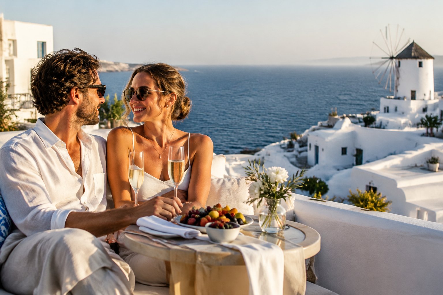 A newlywed couple shares a romantic moment on a terrace overlooking the Aegean Sea in Mykonos.