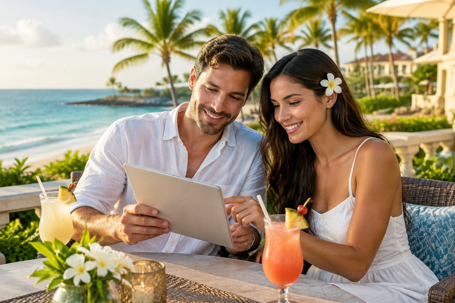 A couple reviews resort options together on a beachfront terrace in the Dominican Republic.