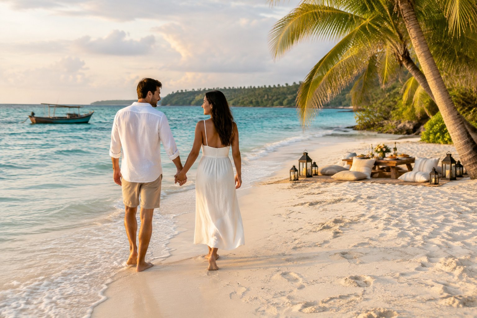 A newlywed couple walks along a tropical beach beside a picnic setup.