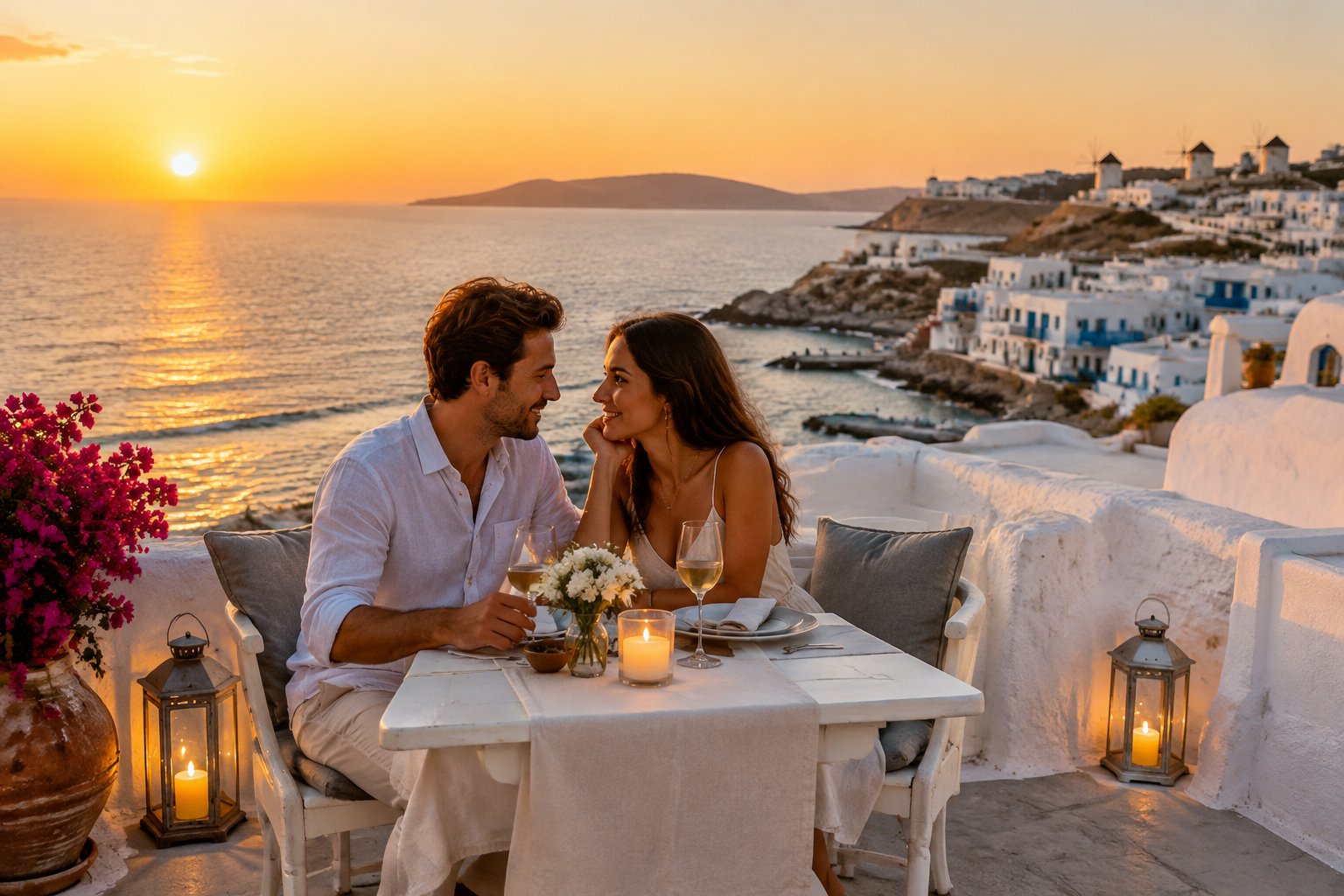 A couple shares a candlelit dinner on a terrace overlooking the sea in Mykonos.