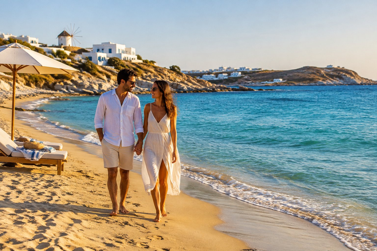 A couple relaxes together on a sunny beach in Mykonos.